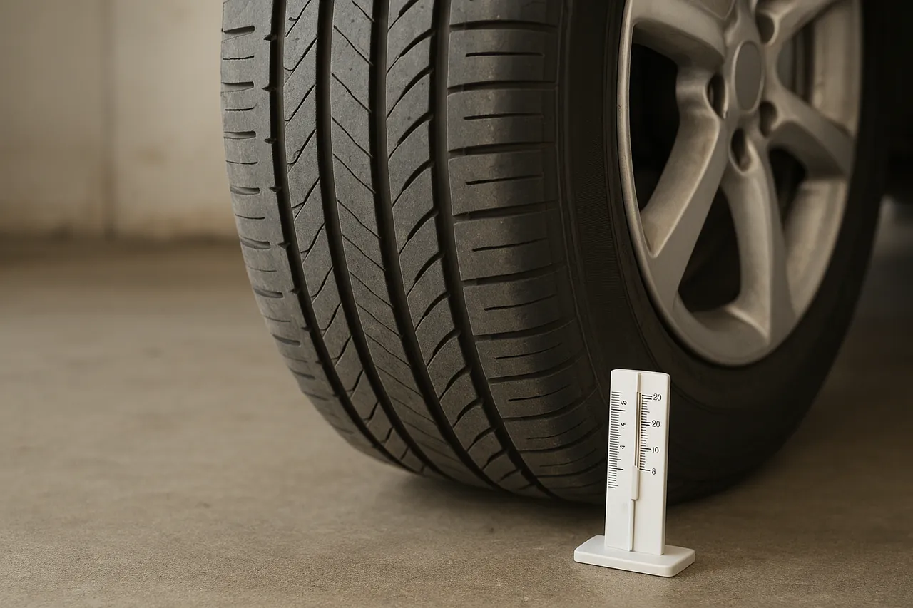 Car tyre tread and sidewall beside a tread-depth gauge