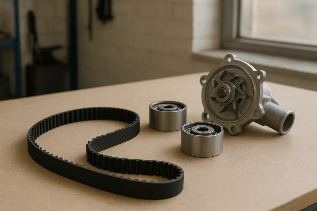 Timing belt, pulleys and water pump laid out on a workshop bench
