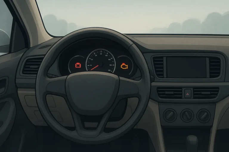 Car dashboard with several illuminated warning symbols