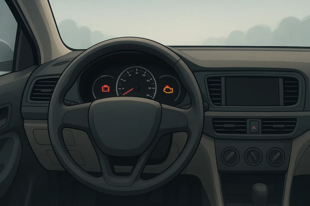Car dashboard with several illuminated warning symbols