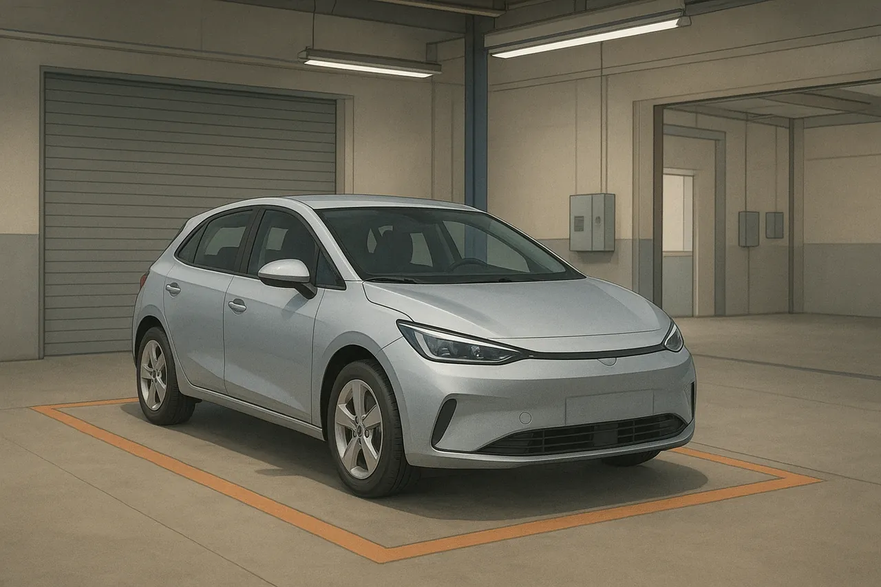 Electric hatchback parked in a vehicle inspection bay