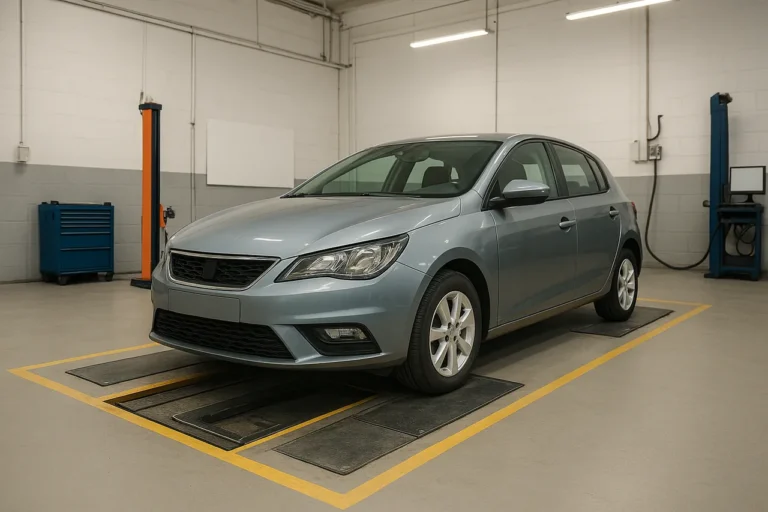 Modern car in a vehicle inspection bay during a routine roadworthiness check