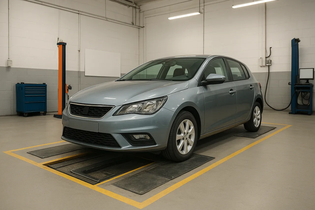 Modern car in a vehicle inspection bay during a routine roadworthiness check